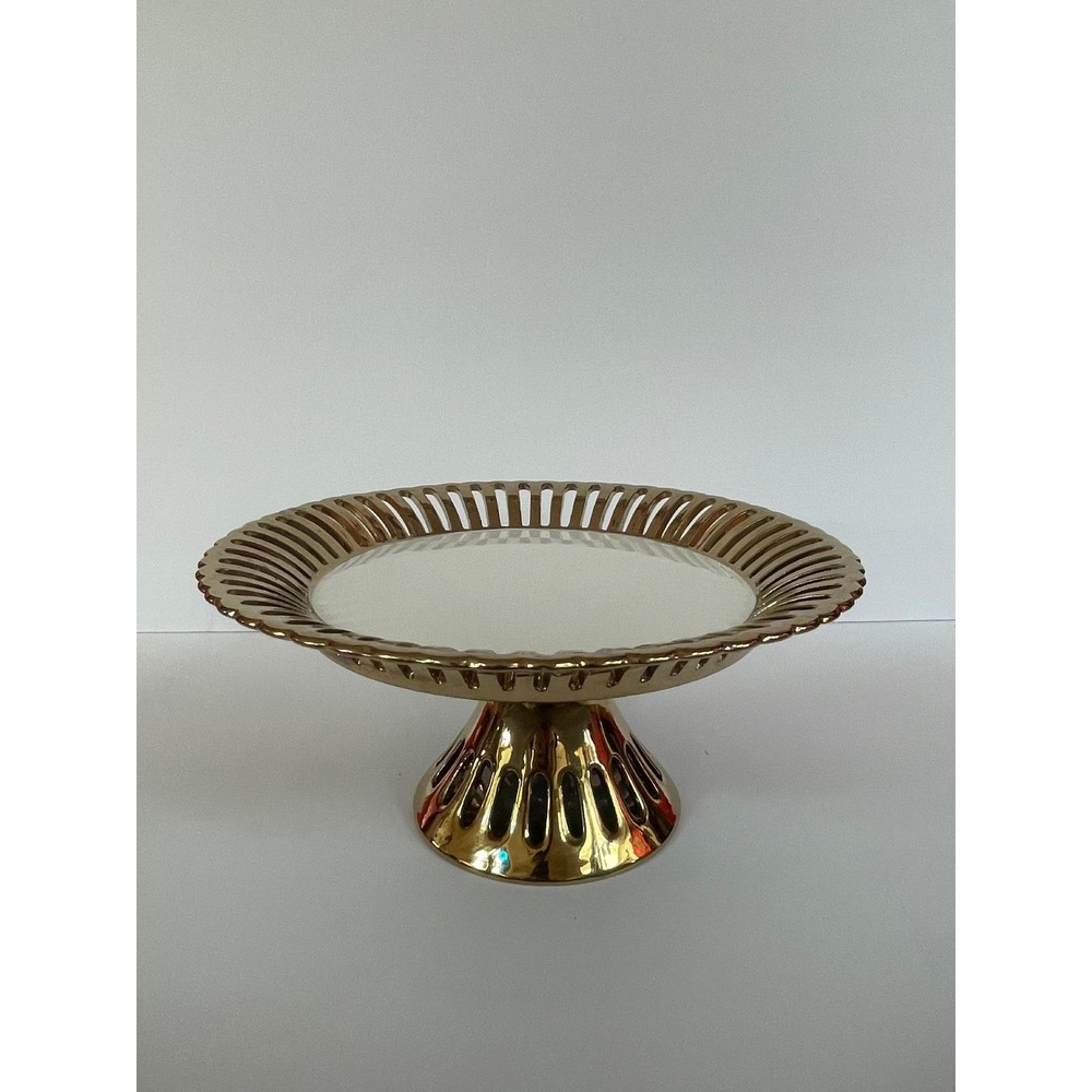 Vintage Gold Reticulated Pedestal Cake Stand Ornate Openwork Ceramic Fluted